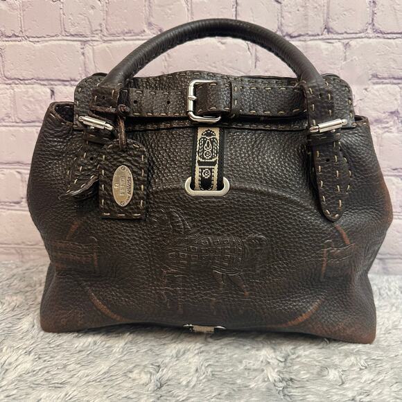 Fendi Selleria Handbags - Fendi Selleria Villa Borghese Handbag Brown Leather Embossed Horse Purse